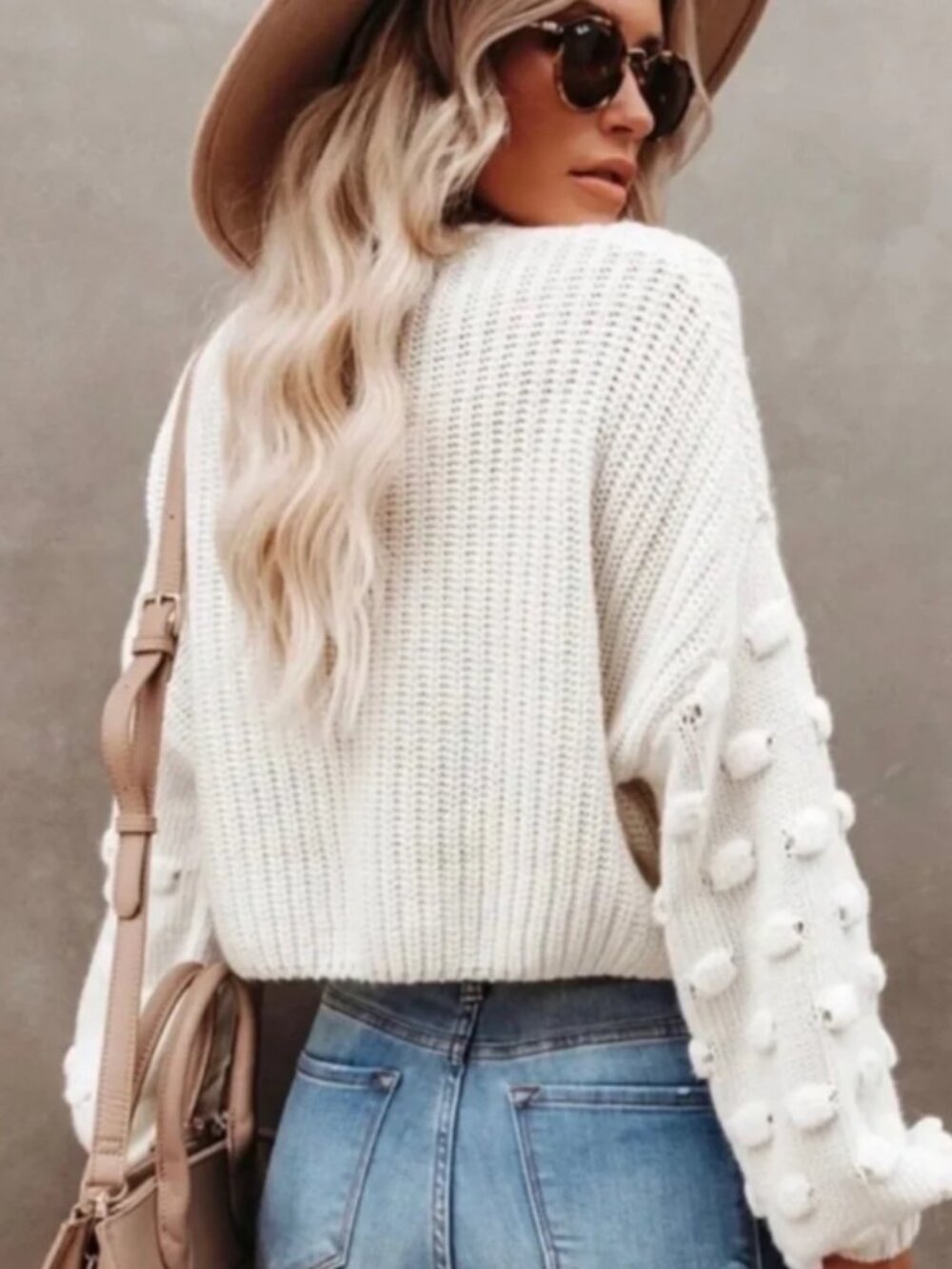 Moon & Madison Cream Pom Balloon Sleeve Sweater